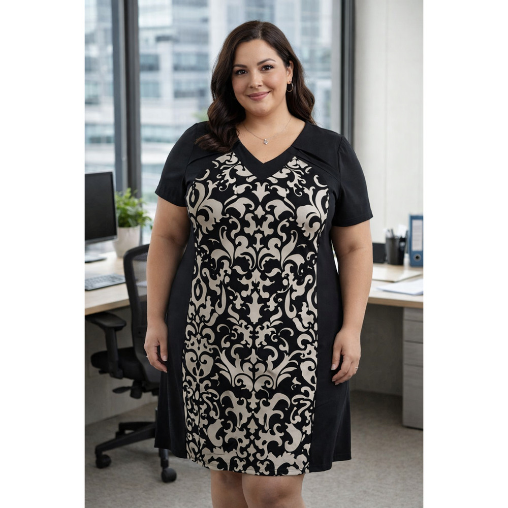 Enfocus Women 18W Black Ivory 2 In 1 Jacket Shift Dress Damask Scroll Stretch